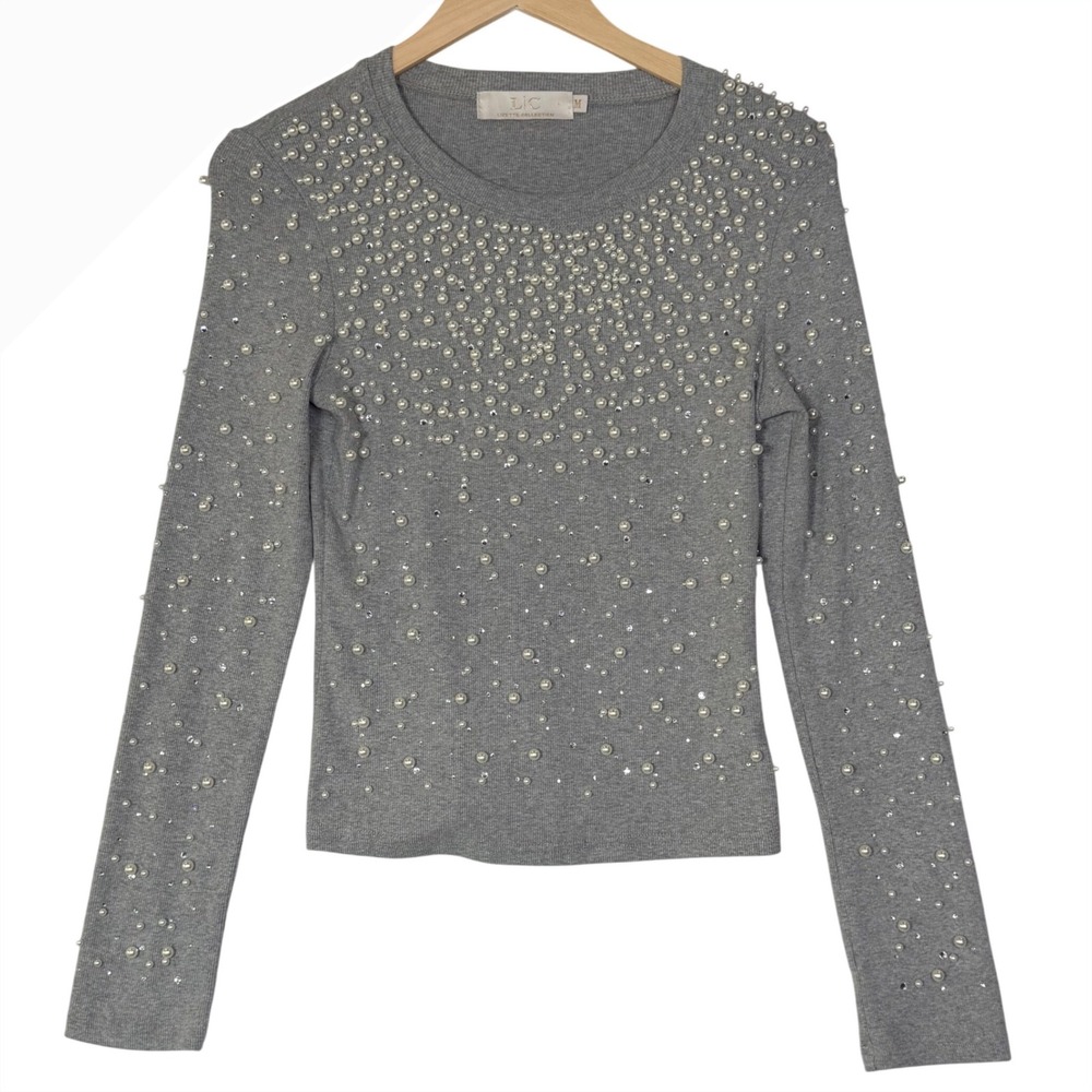 Lizette Collection Womens Size Medium Pearl Embellished Sweater Gray Coquette‎